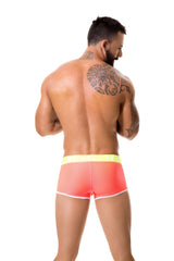 Bright coral mesh jor electro boxer brief underwear with neon yellow waistband and white trim size m