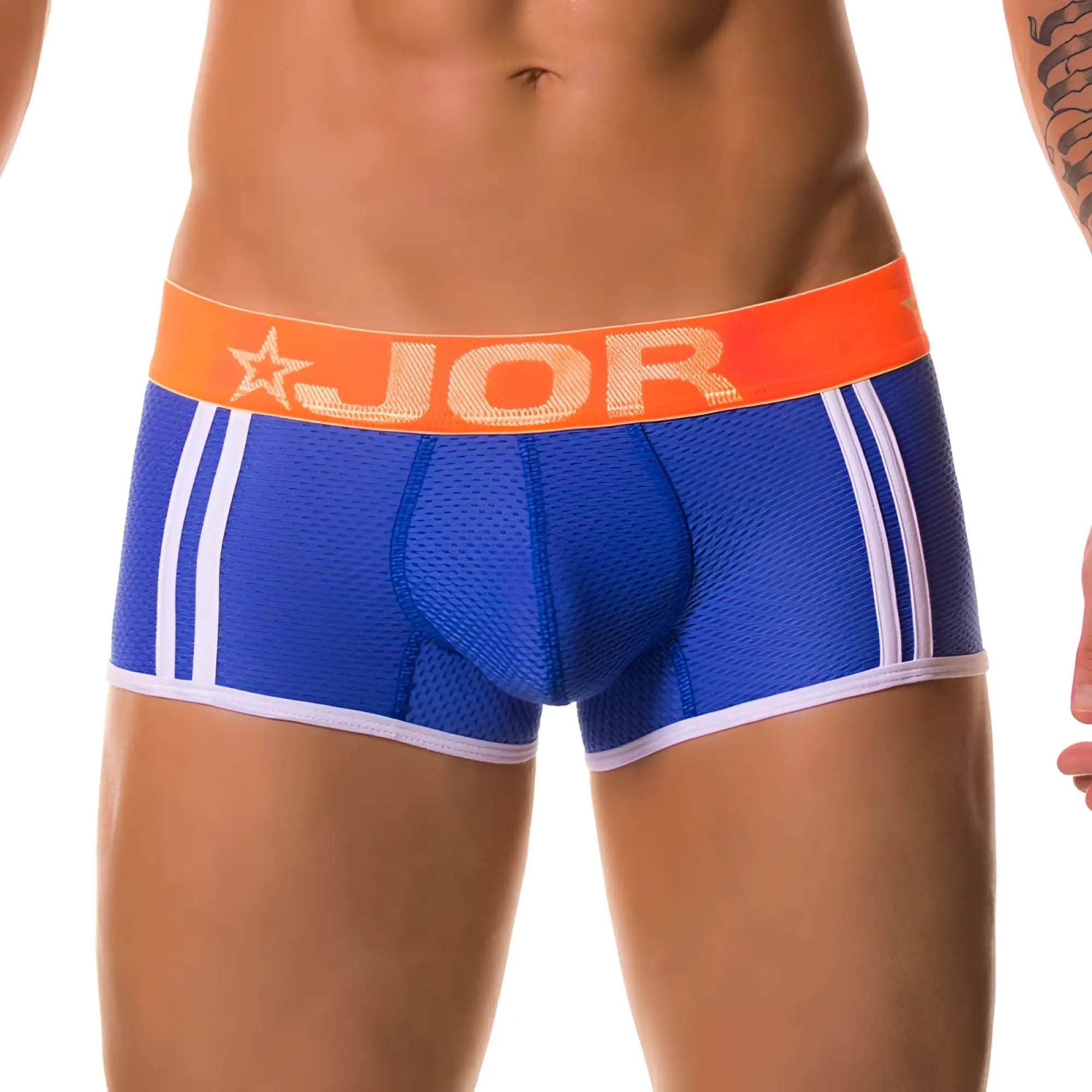Blue jor electro boxer underwear with white stripes and orange waistband featuring jor logo size m