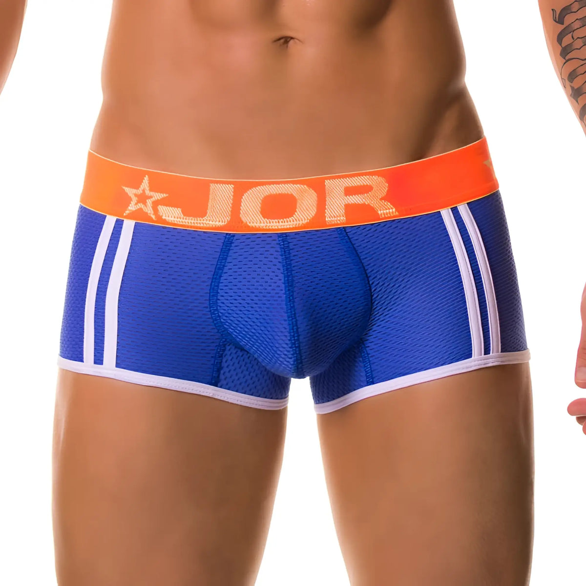 Blue jor electro boxer underwear with white stripes and orange waistband featuring jor logo size m
