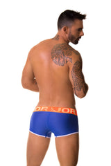 Blue jor electro boxer briefs in size medium with blue fabric and orange and white trim for comfortable wear