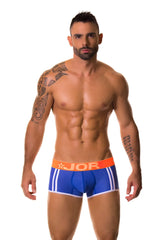 Blue jor electro boxer underwear in size M with blue fabric, white stripes, and an orange waistband