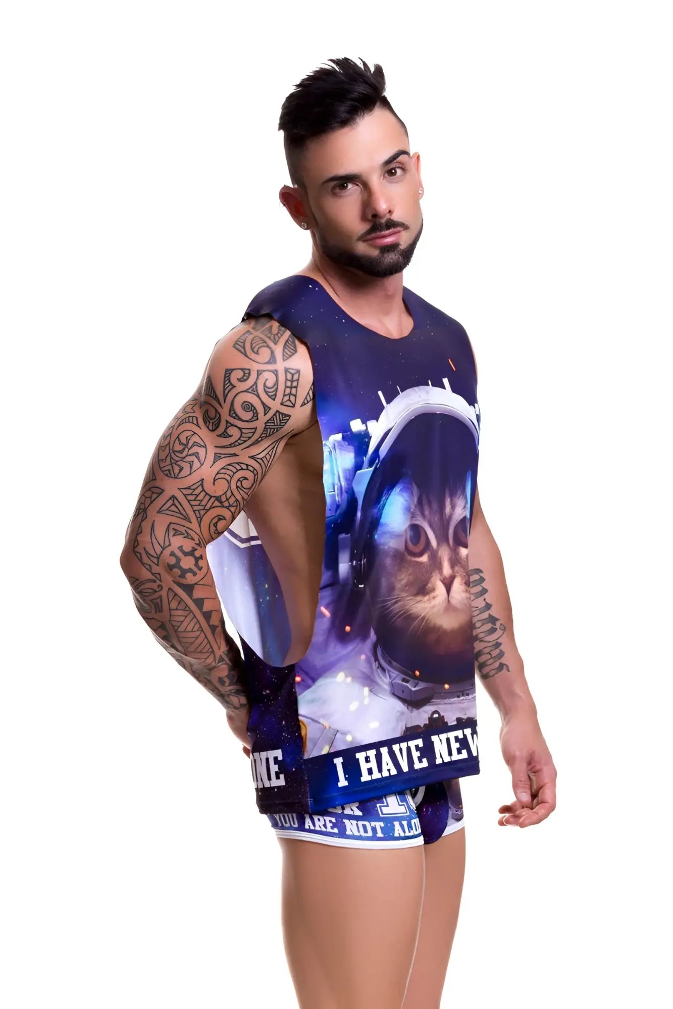 Blue and white astronaut-themed tank top with cat graphic jor galactic t shirt 0470 size xl
