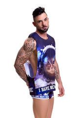 Blue and white astronaut-themed tank top with cat graphic jor galactic t shirt 0470 size xl