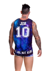 Cosmic-themed sleeveless basketball jersey in deep blue and purple with starry patterns name jor number 10 and phrase you are not alone on back xl