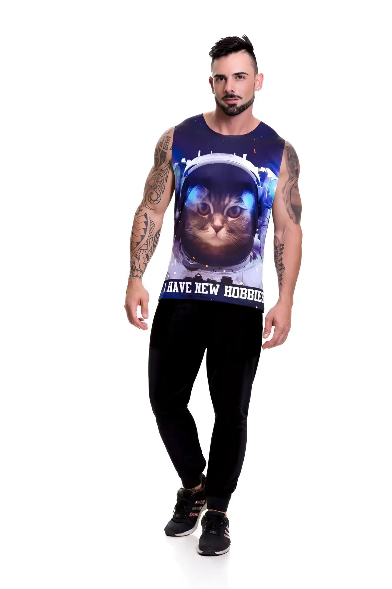A navy blue sleeveless Jor GALACTIC tank top featuring a 3D printed astronaut cat graphic with glowing blue accents