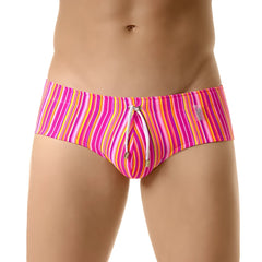 Jor gum brief swimwear size m featuring vibrant pink and orange striped swim trunks with drawstring waistband