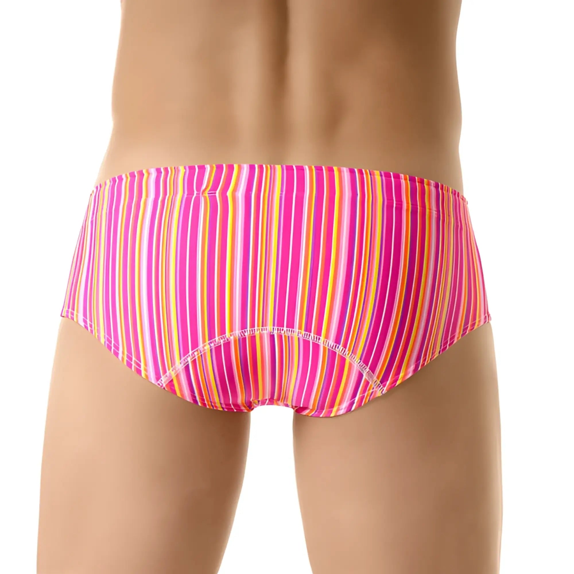 Jor gum brief swimwear size m vibrant pink and orange striped snug form-fitting swim trunks for men