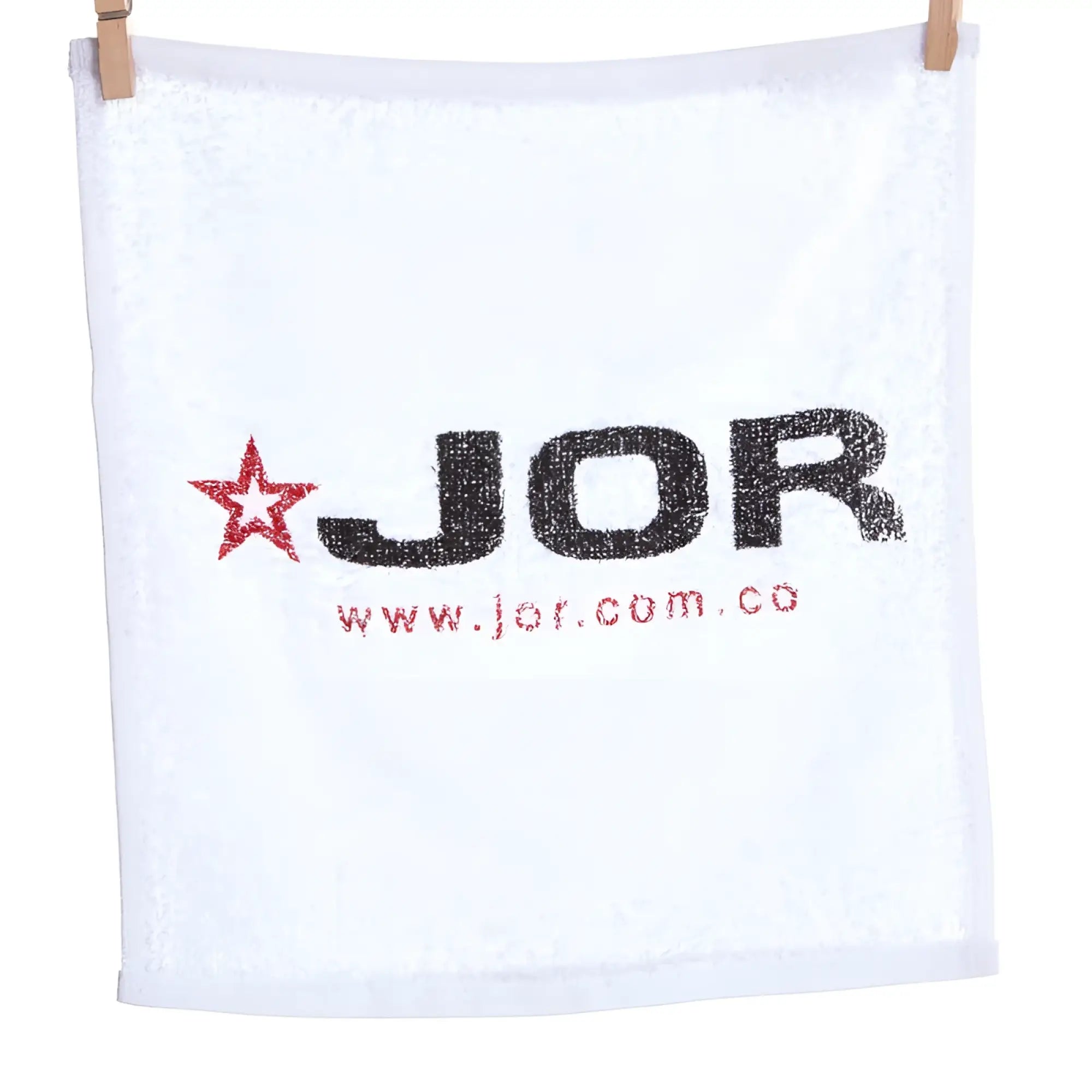 White terry cloth jor gym towel mini towel with black and red embroidered logo and star in one size