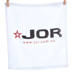 White terry cloth jor gym towel mini towel with black and red embroidered logo and star in one size