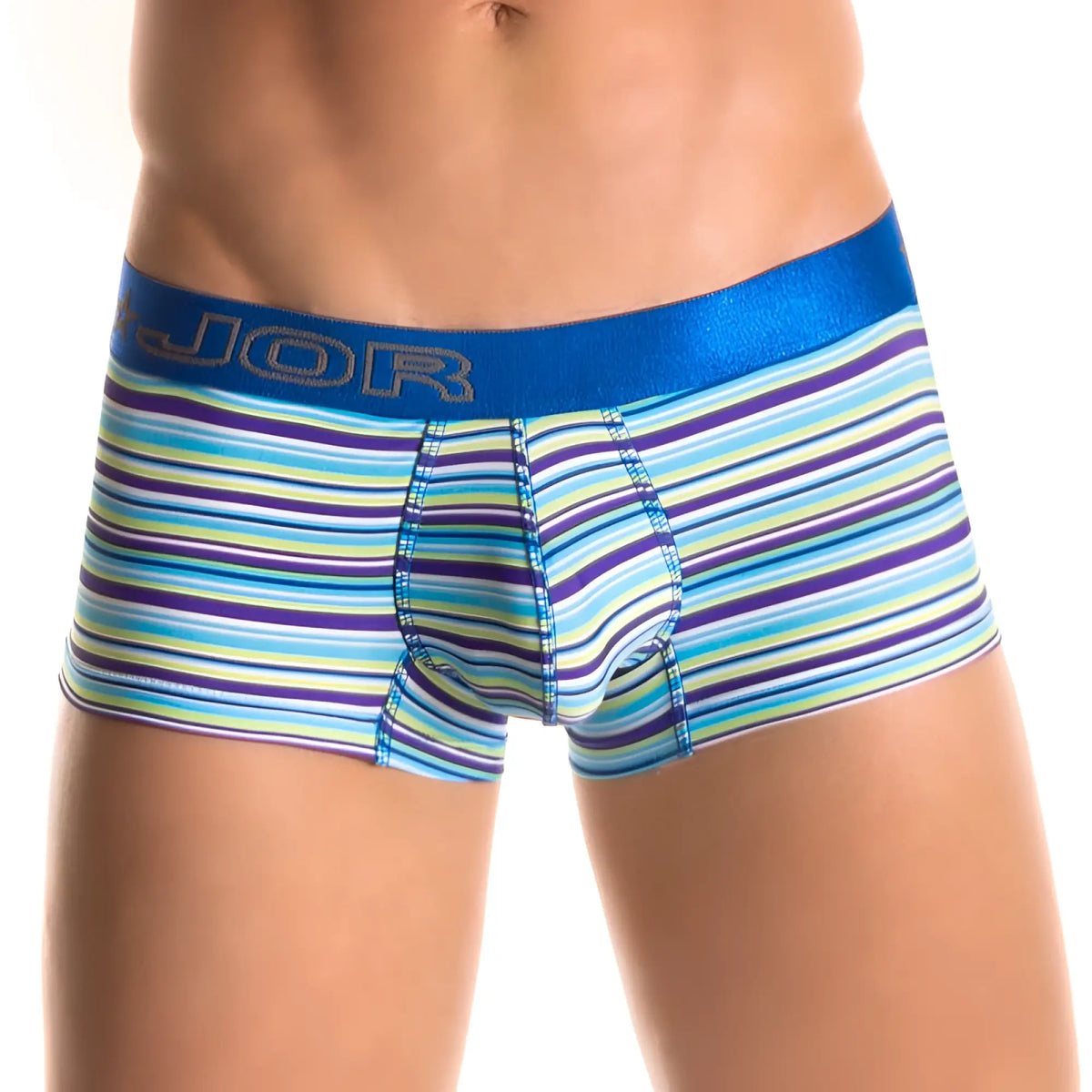 Jor LINES men’s boxer underwear blue 0177 size M with blue purple and light green stripes and shiny blue waistband