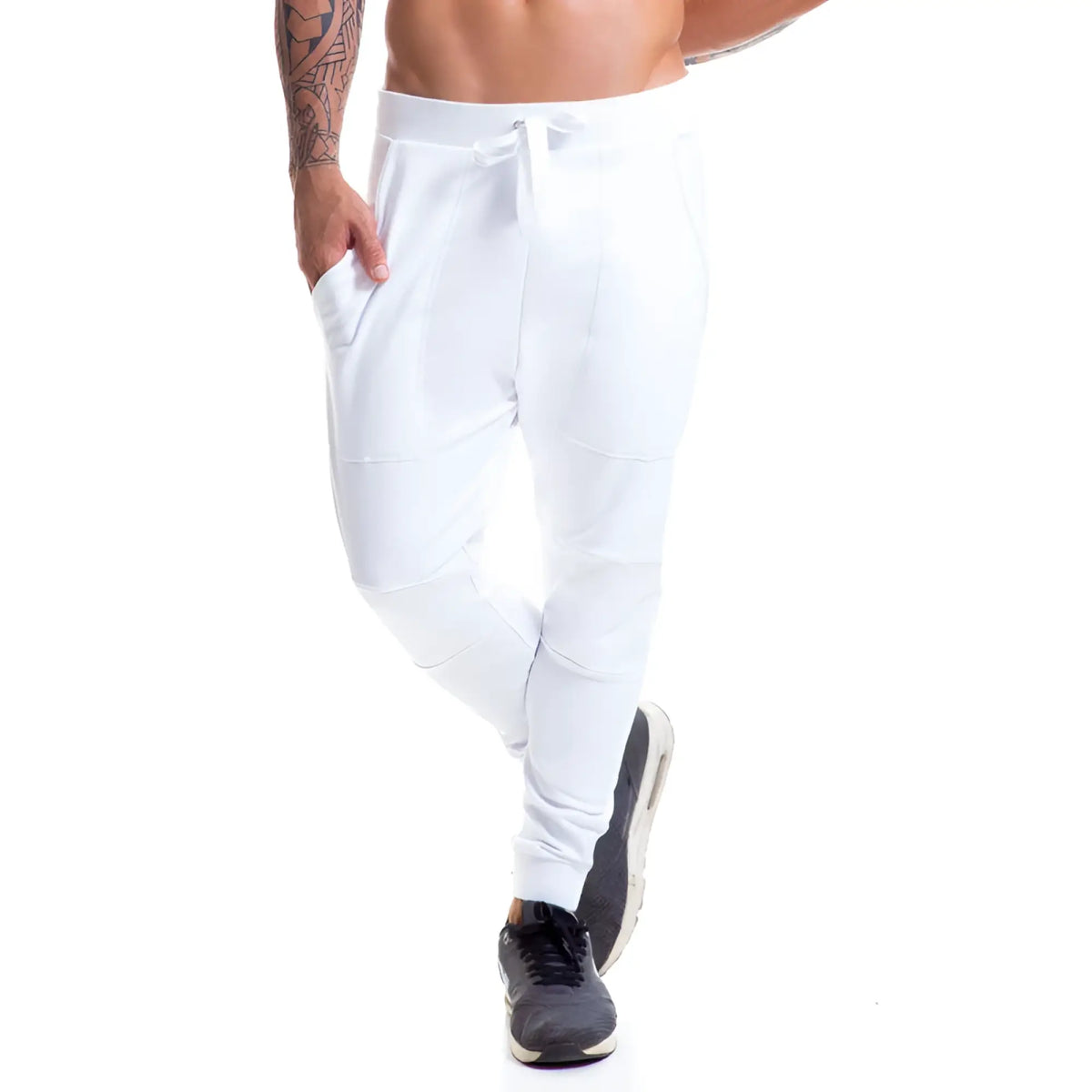 White jor london long jogger pants size l with slim fit drawstring and side pockets in white color