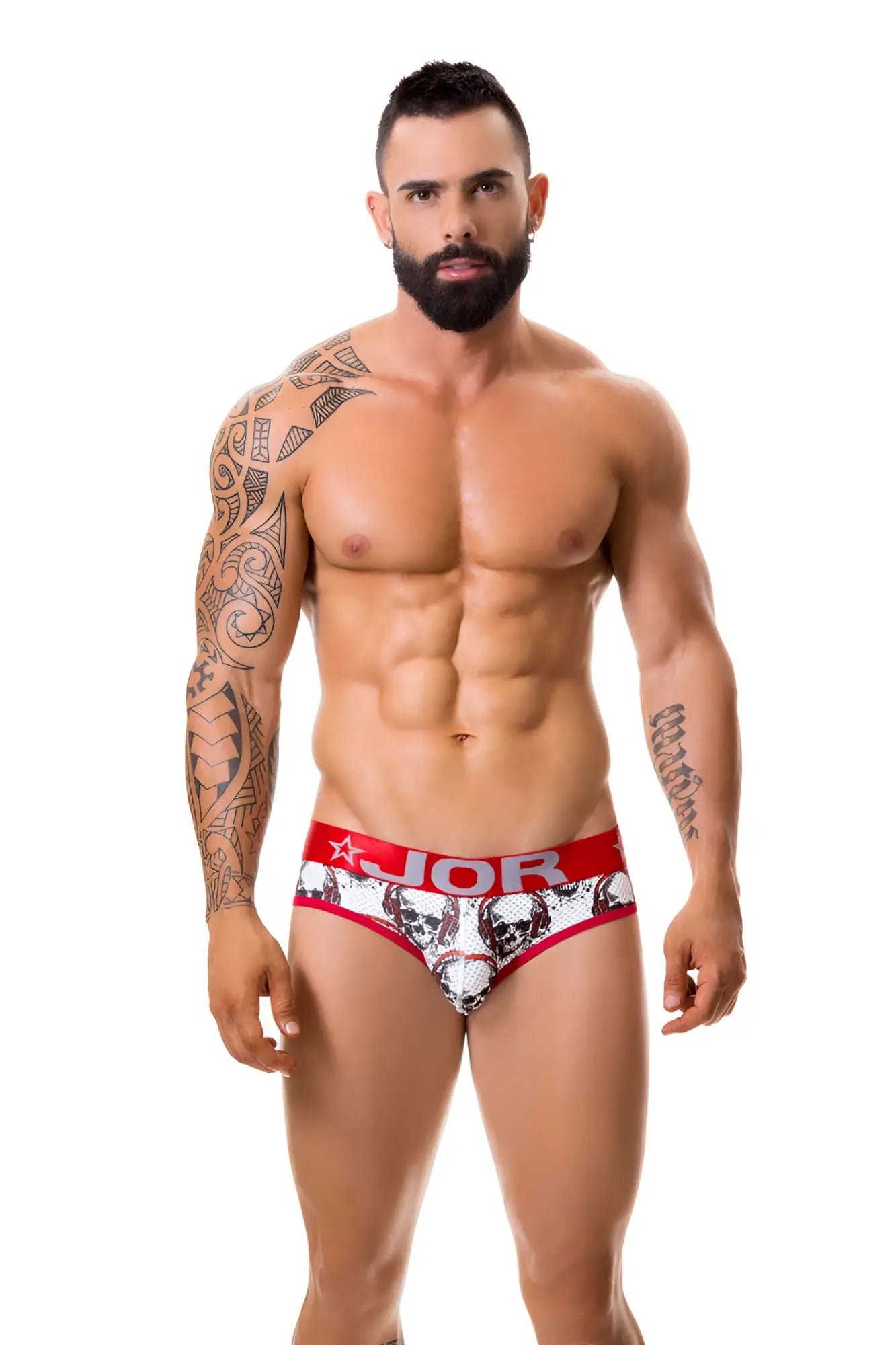Red and white patterned jor music thong underwear size xl featuring a skull design and branded details