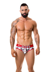 Red and white patterned jor music thong underwear size xl featuring a skull design and branded details