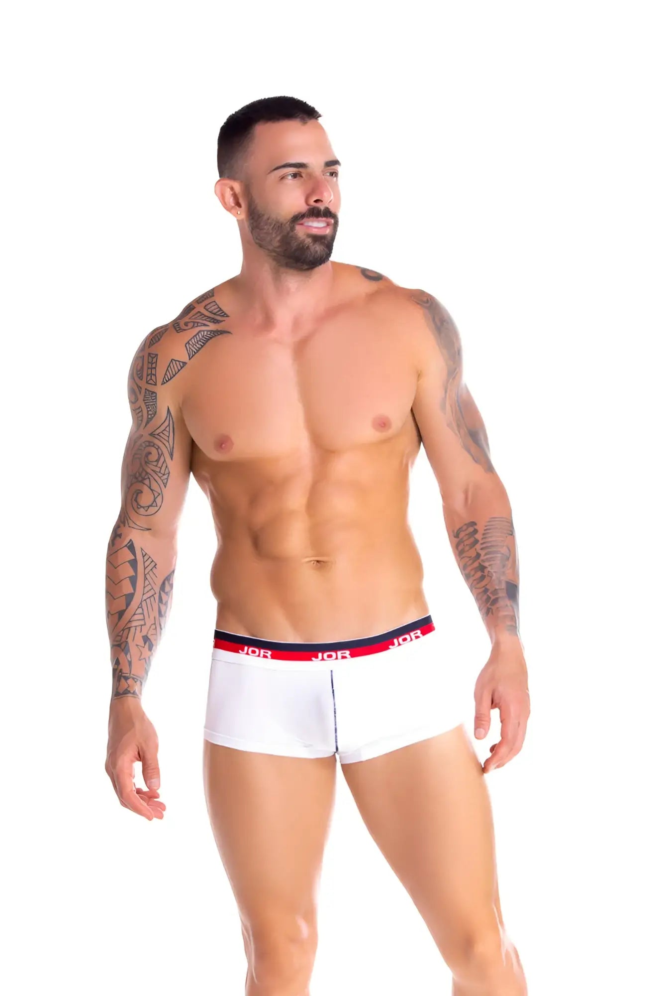 White men’s boxer briefs with red and navy blue elastic waistband featuring joe brand logo size m