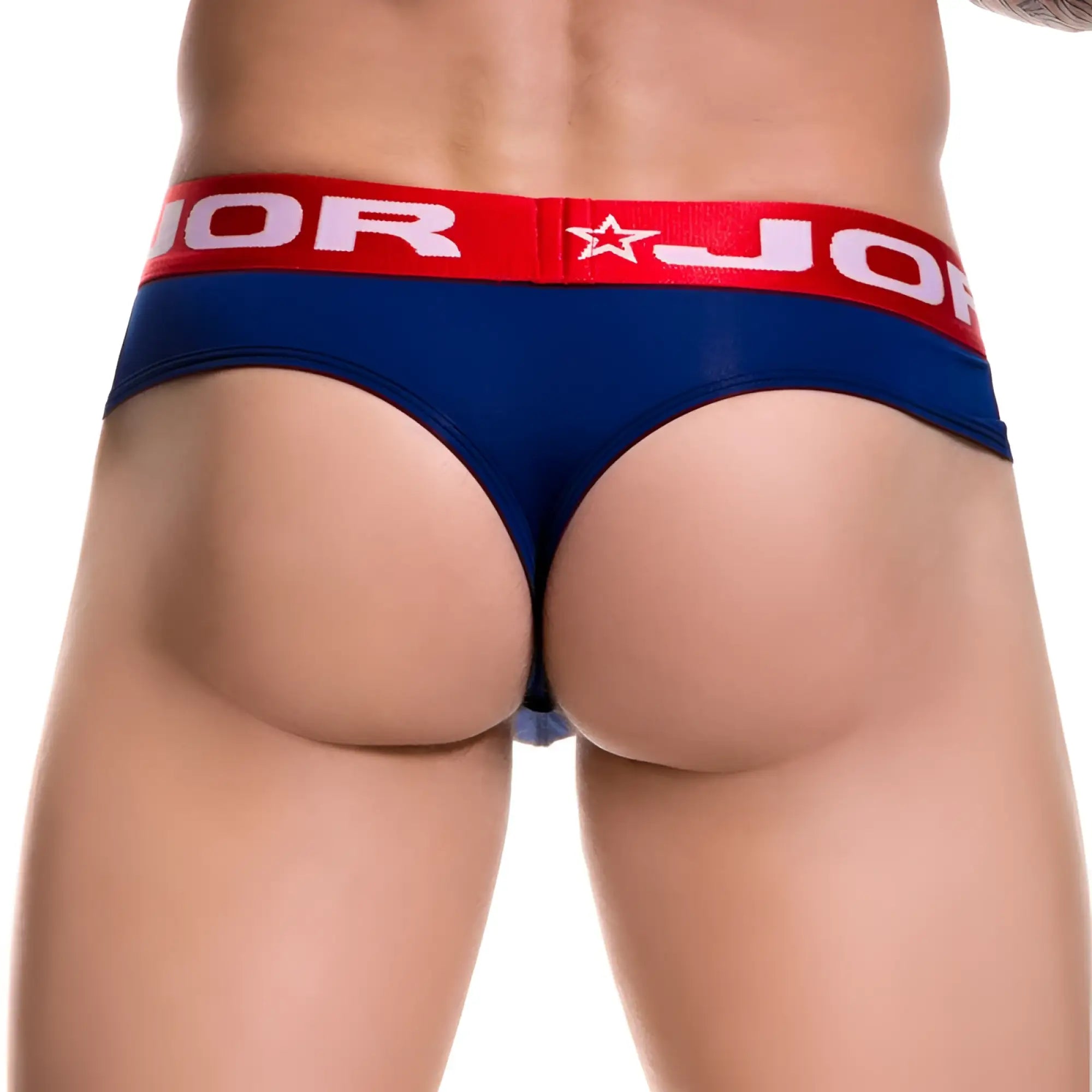 Navy blue jor soft bikini thong underwear with red waistband white jor lettering and star logo size s front view