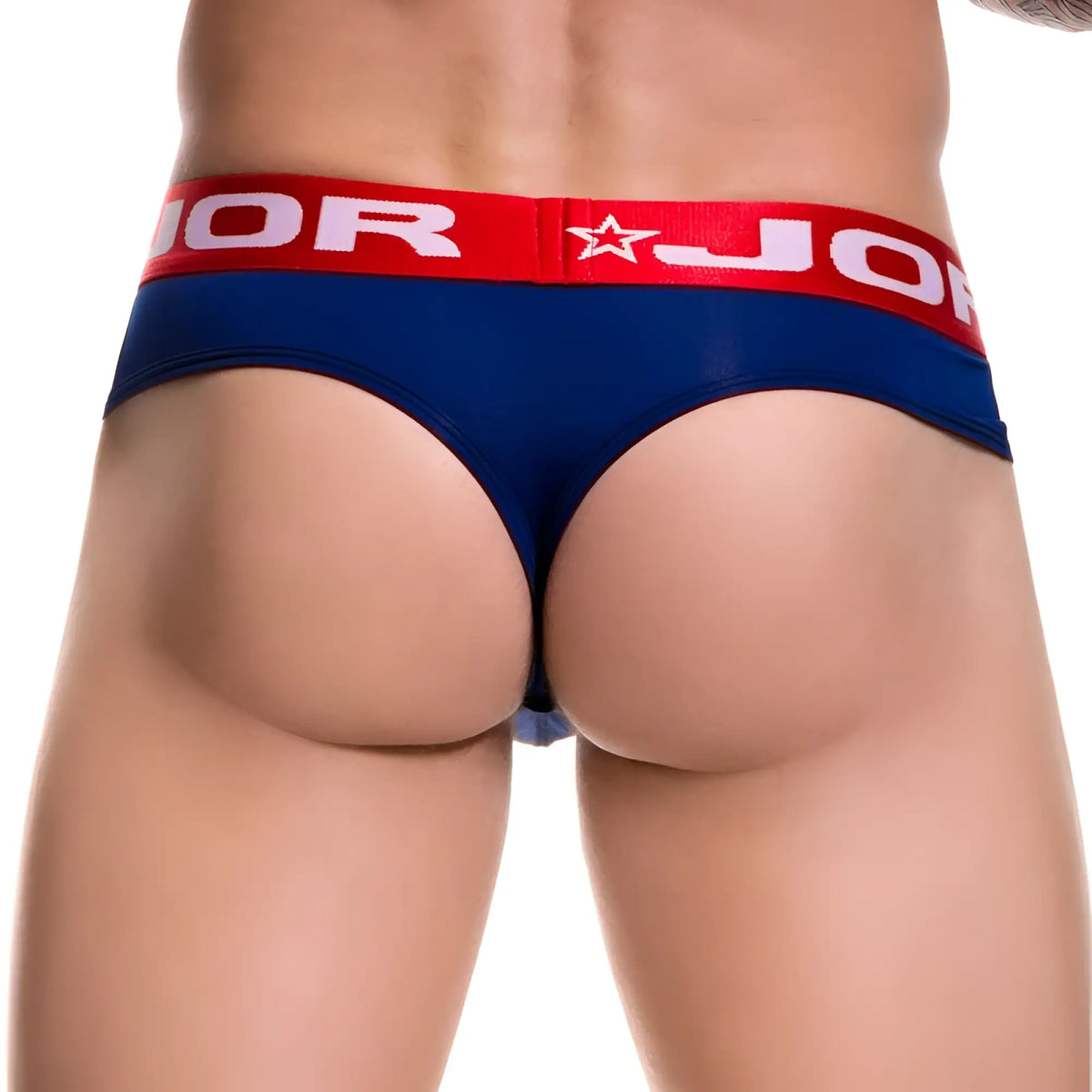 Navy blue jor soft bikini thong underwear with red waistband white jor lettering and star logo size s front view