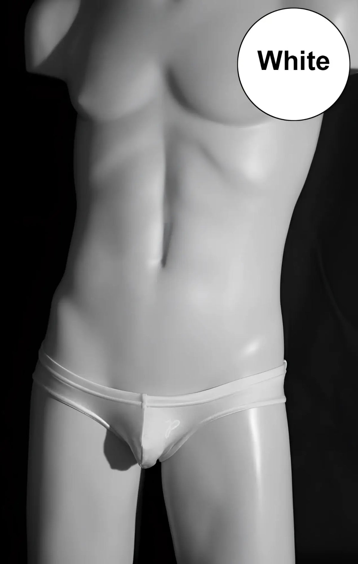 White glossy finish men’s briefs jp-beach classic mini lycra bikini swimwear displayed on a mannequin size xl