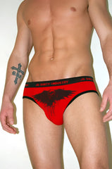 Red and black js dirty industry low cut no show seamless men’s briefs featuring eagle skull graphic size m