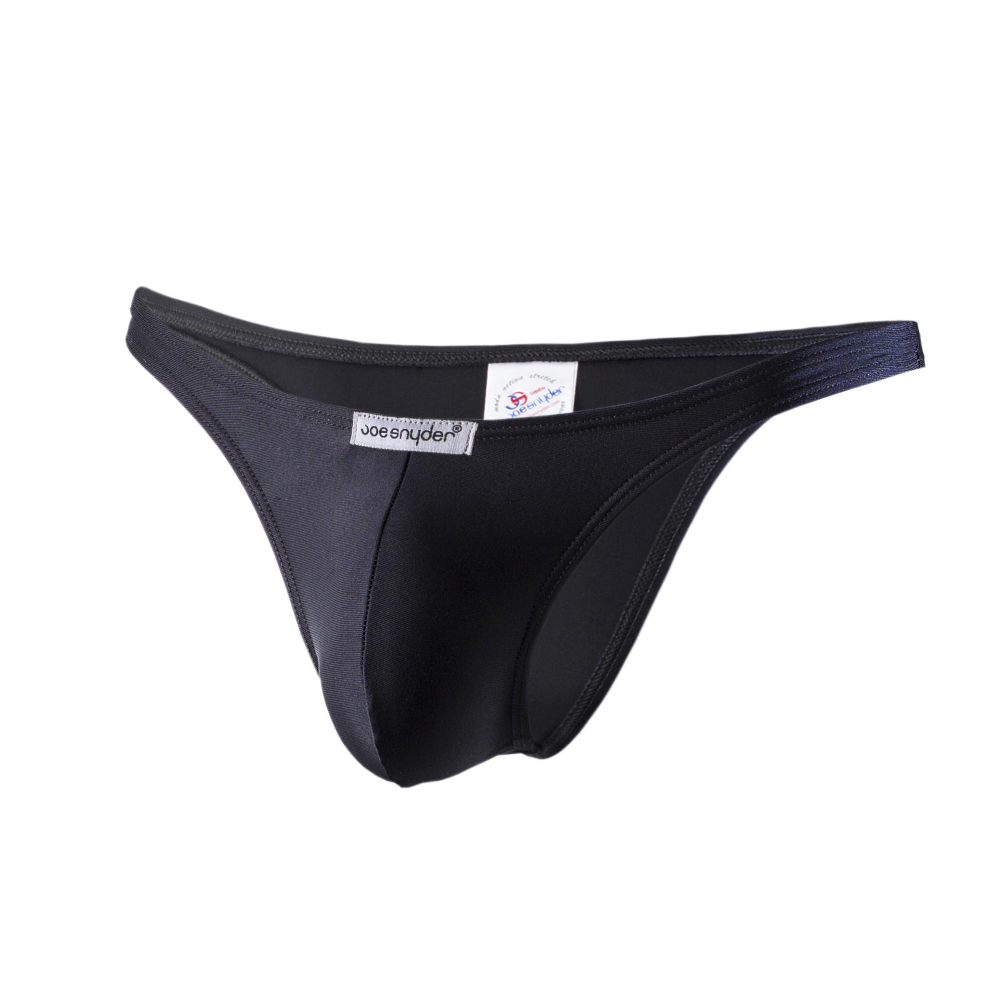 Black joe snyder thong with smooth form fitting polyester fabric and elastic waistband shown from the back side