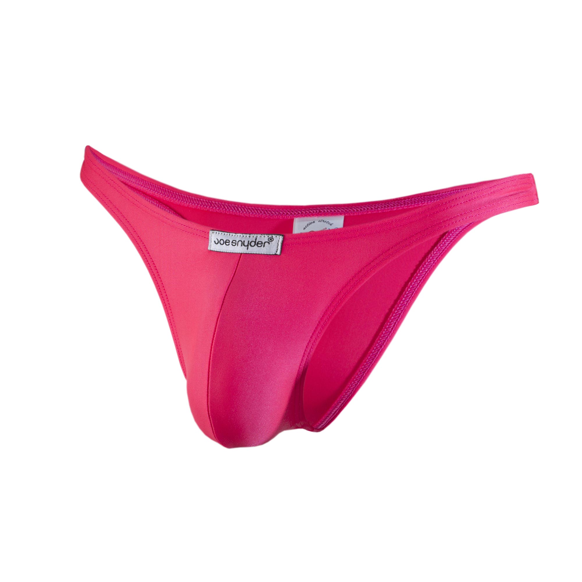 Bright pink joe snyder polyester capri thong made of smooth stretchy fabric with sleek form fitting design back view