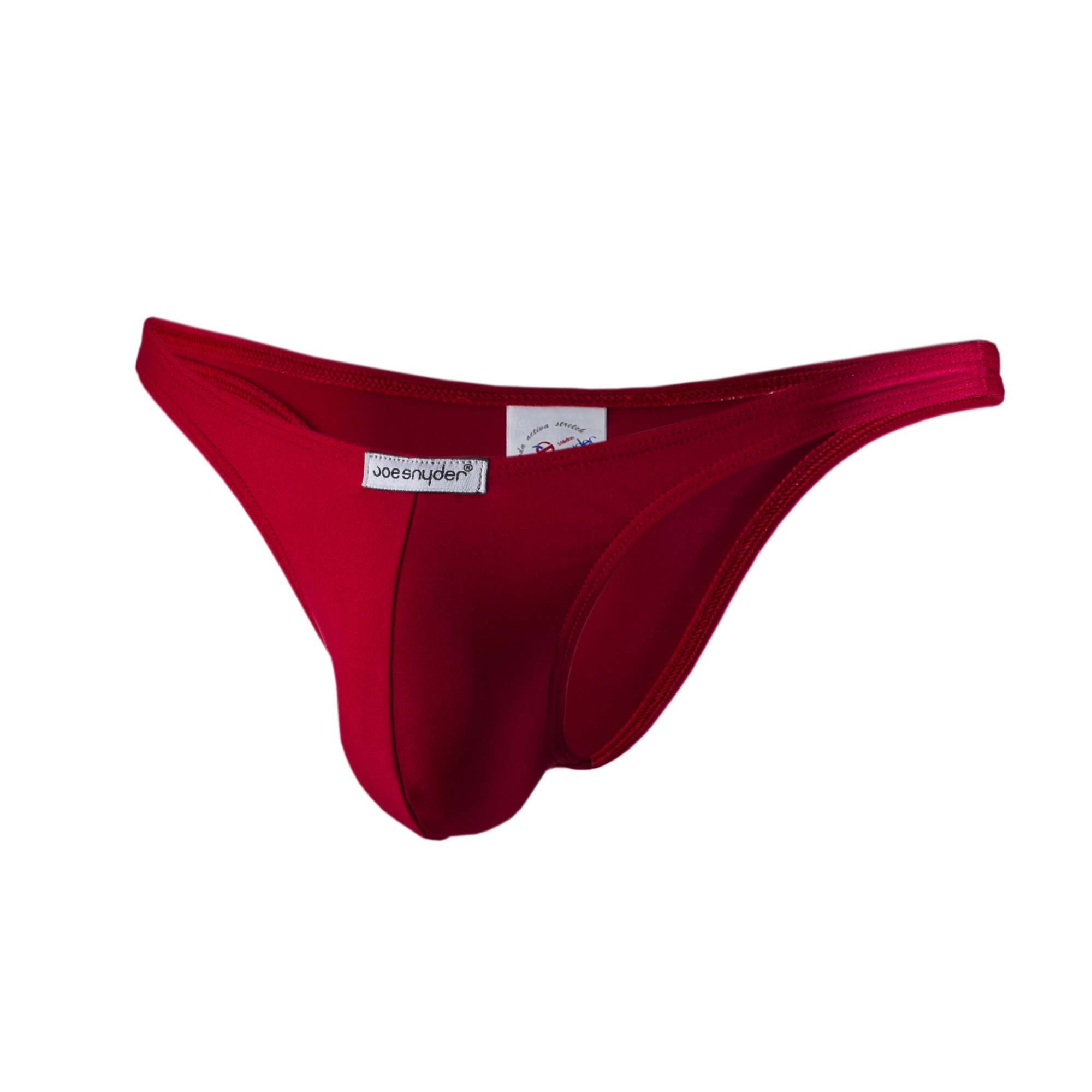 Red joenyder thong made of smooth satin fabric with sleek form-fitting design for comfortable wear