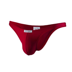A vibrant red joe snyder polyester capri thong made of smooth stretchy fabric with a branded label visible from the back