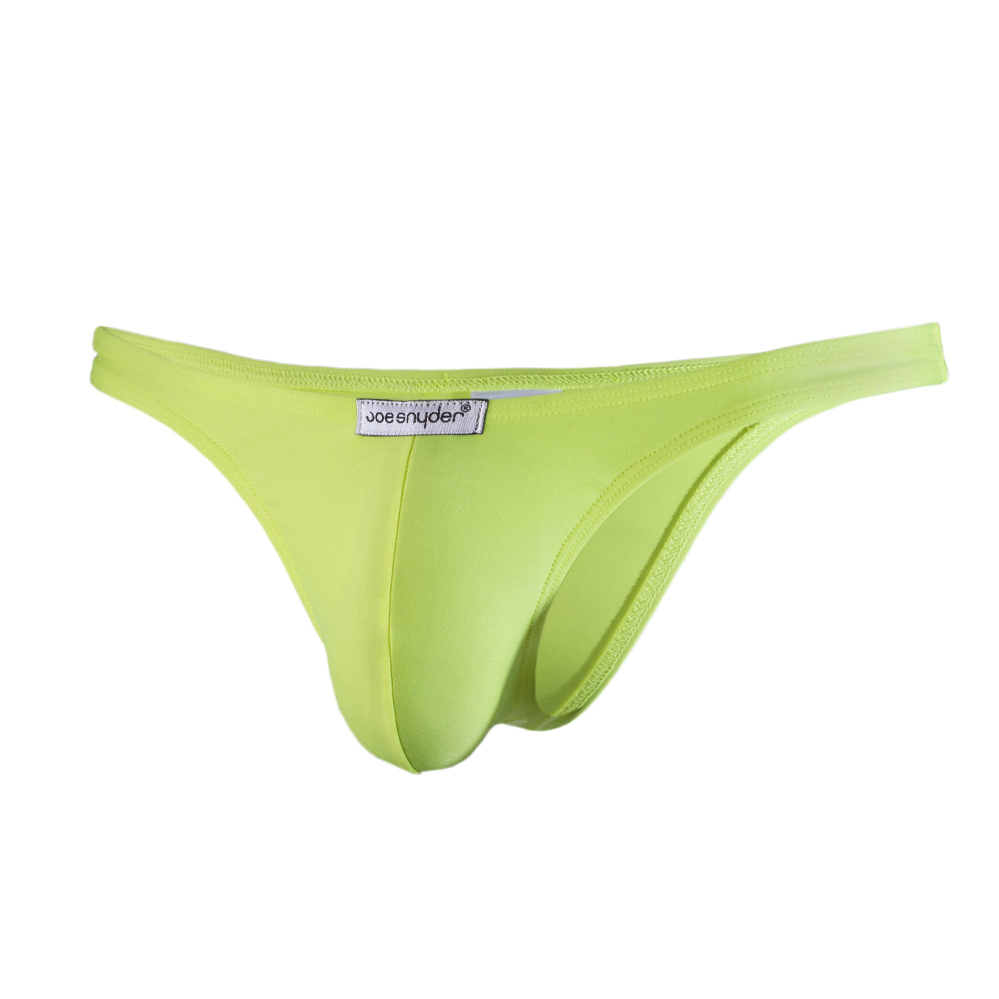 Bright lime green joe snyder thong made of smooth stretchy fabric with sleek form fitting design for comfortable wear