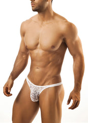 White lace thong capri mesh by joe snyder with intricate floral pattern and small blue logo on the side