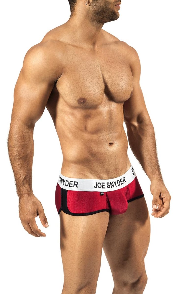 Red and black joe snyder briefs with white branded waistband from jsaw06 activewear mini shorty collection