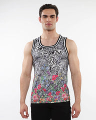 Black and white jungle printed mesh tank with stripe ribbing and vibrant pink purple green floral accents at the hem