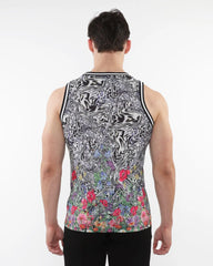 Jungle printed mesh tank with stripe ribbing black and white abstract swirl pattern and colorful floral print bottom