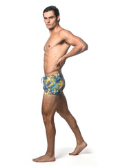 Men’s swim trunks jungle printed swim trunk with vibrant blue yellow and green tropical leaf pattern for swimwear
