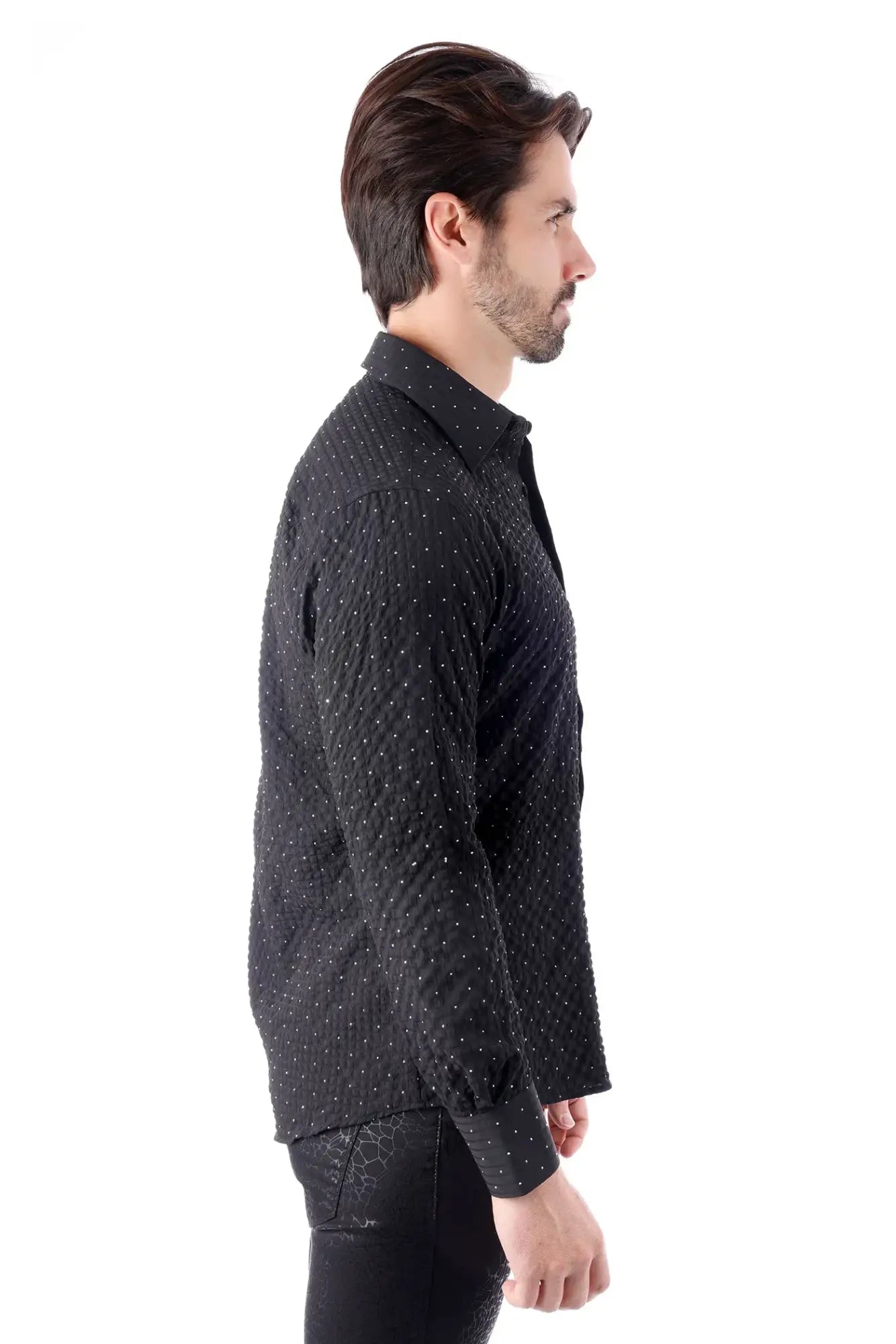 Jurox l s shirt black button-up with subtle white polka dots and a textured quilted pattern