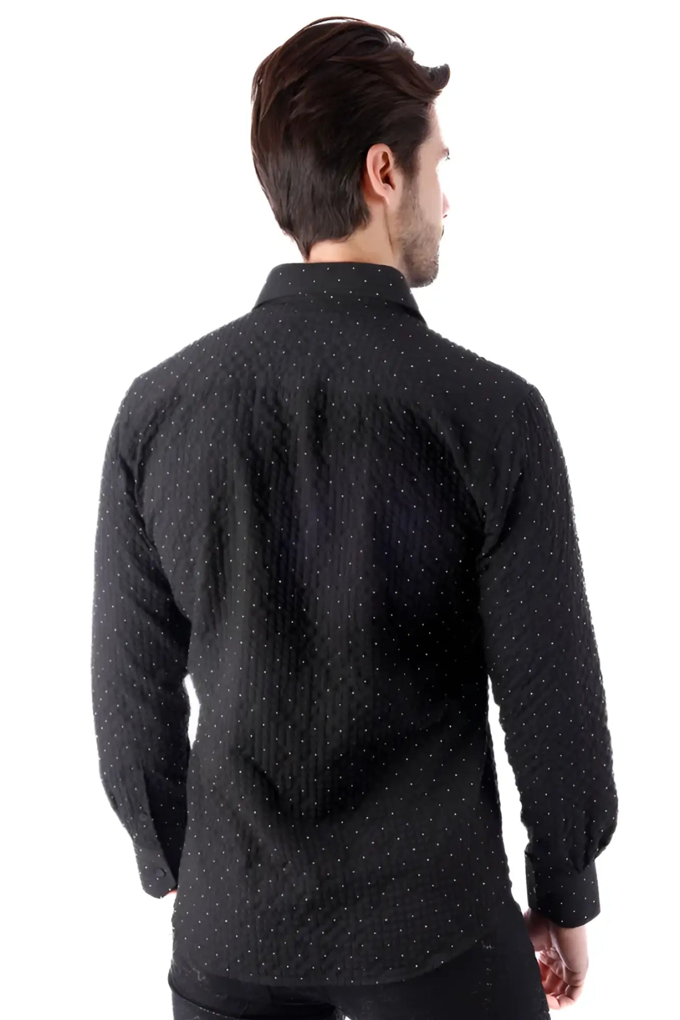 Black JUROX l/s shirt with subtle textured weave and small white polka dots on long sleeves and button-up front