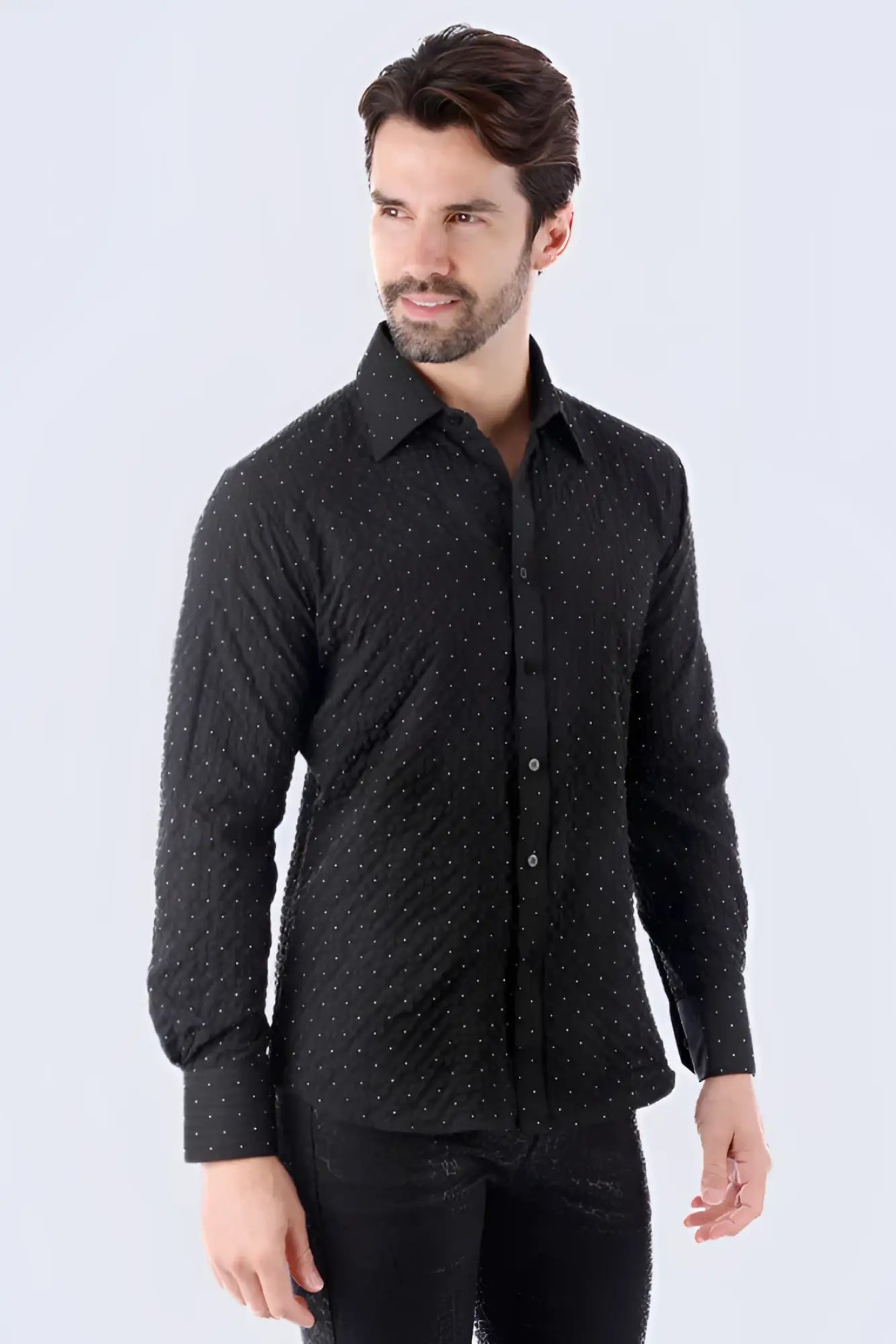 Jurox long-sleeved black button-up shirt with subtle tiny white dot pattern ideal for casual or formal wear
