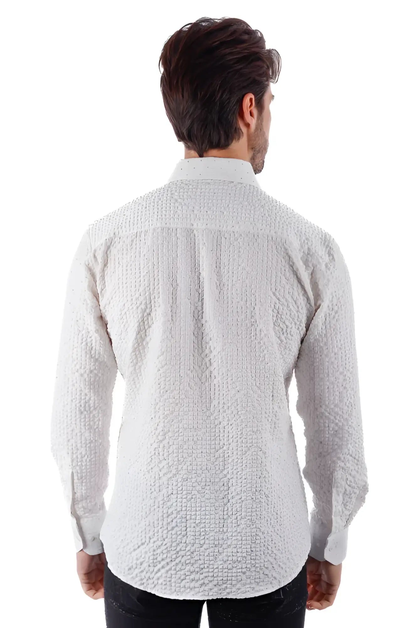 White textured long-sleeve button-up shirt with a subtle woven pattern jurox l s shirt