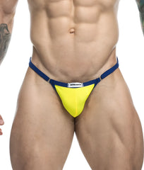 Bright yellow and navy blue thong from justin and simon bikini one with a sleek form-fitting design