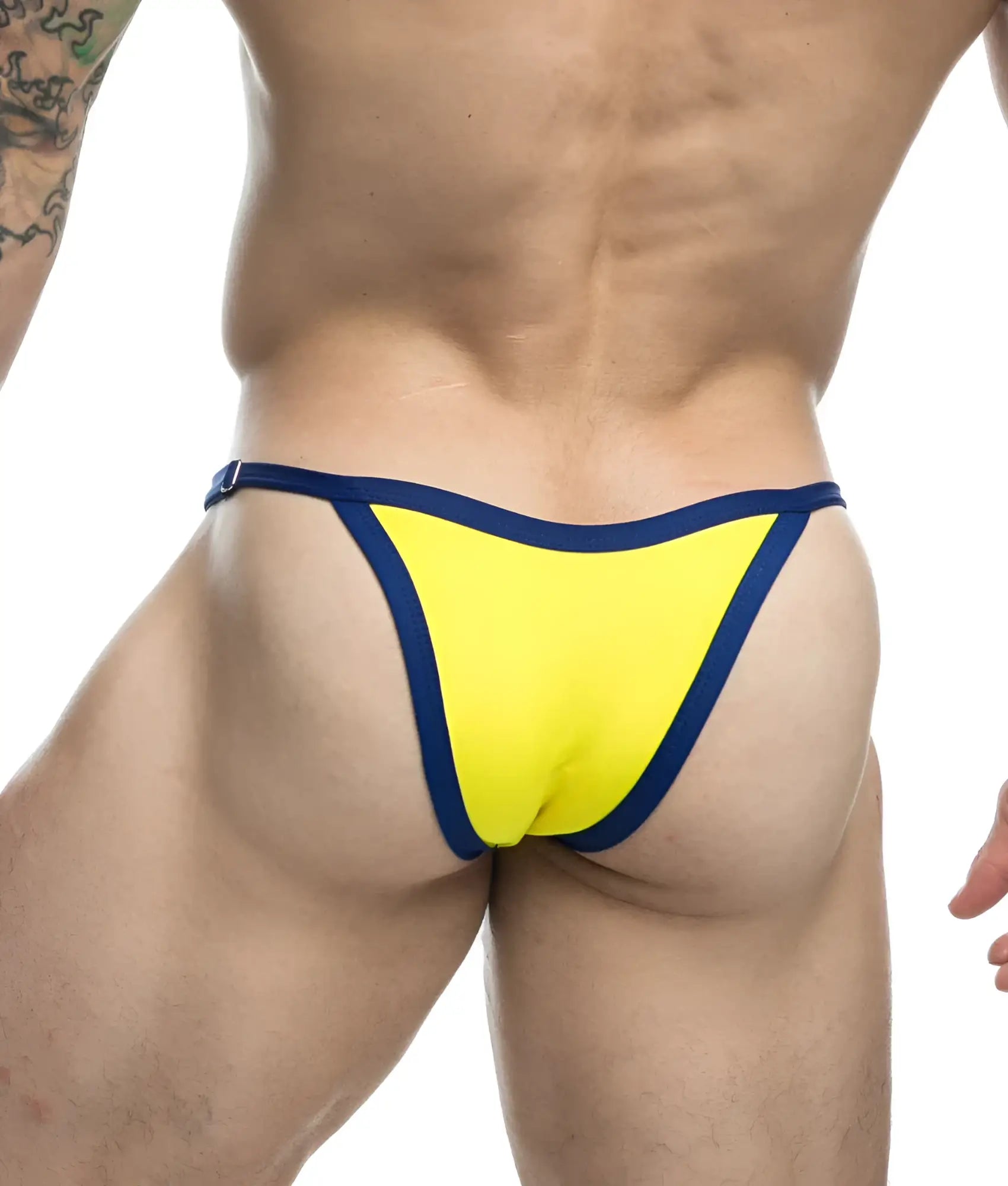 Bright yellow thong with navy blue trim from the justin + simon bikini one collection