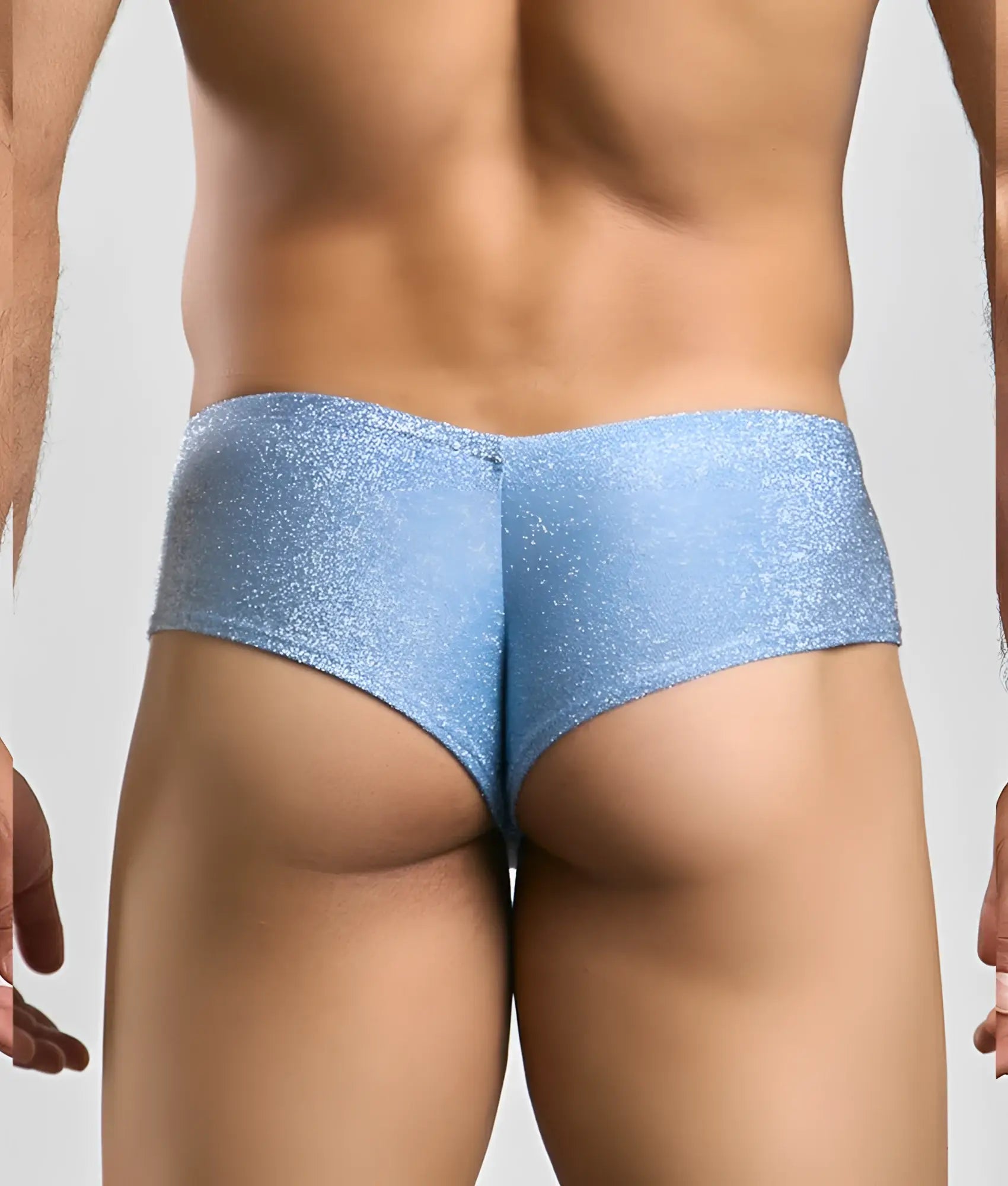 Light blue glittery briefs from justin + simon featuring a shiny textured fabric for stylish underwear wear