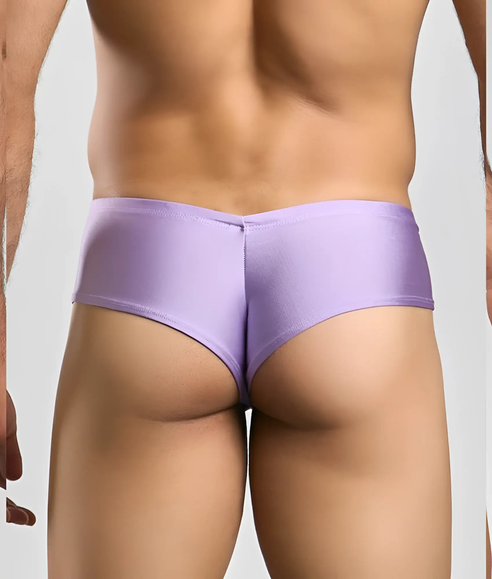 Purple satin briefs with a smooth shiny finish and snug fit from justin + simon cheek collection