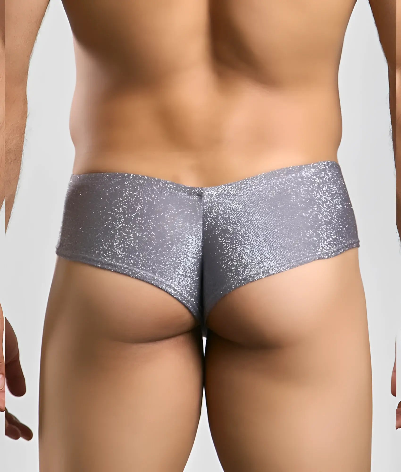 Shiny silver glitter briefs with a snug form-fitting design from justin + simon cheek collection