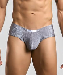 Silver glitter briefs with a sleek form-fitting design and branded waistband from justin + simon cheek