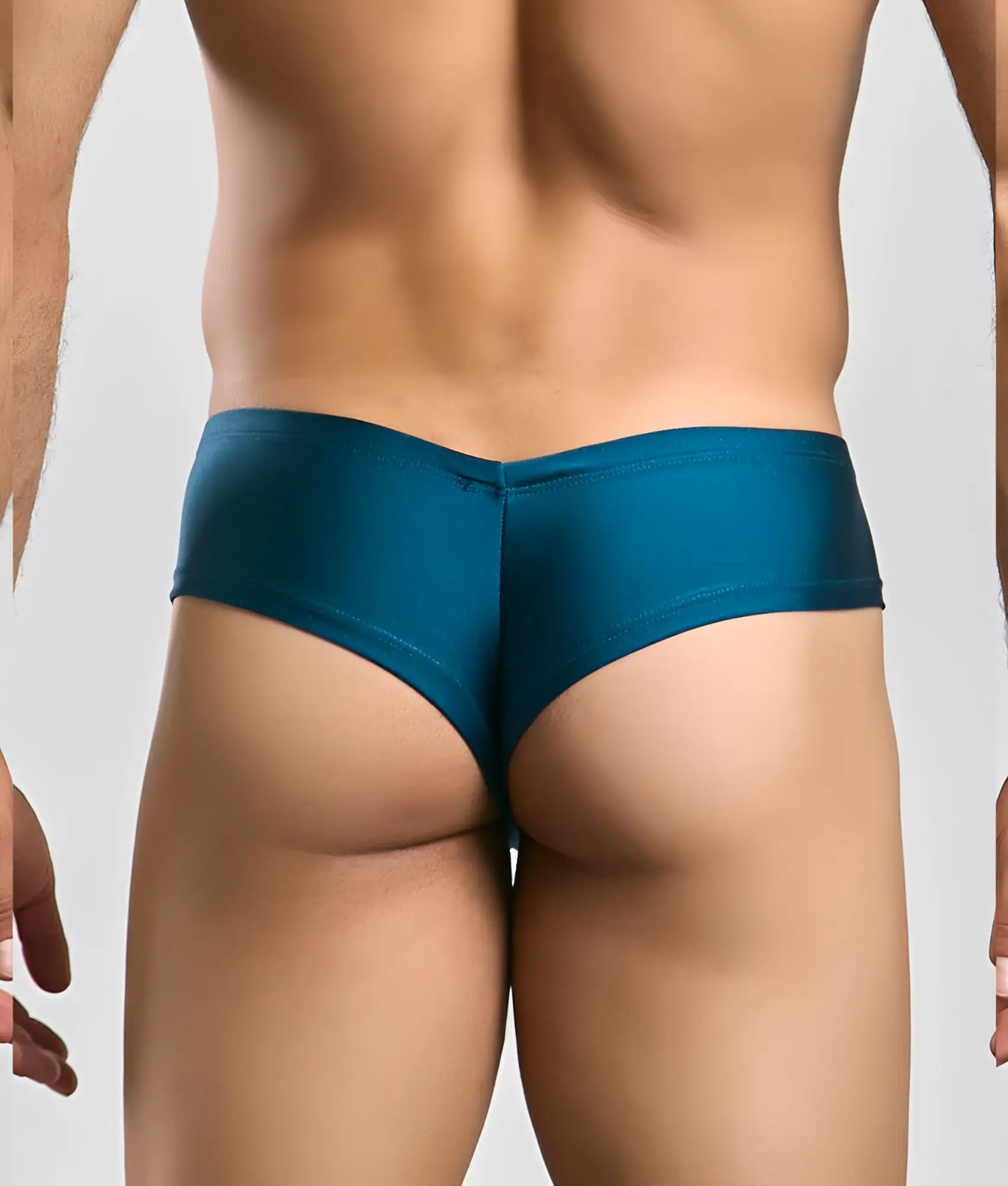 Teal satin low-rise briefs with a smooth glossy finish from Justin Simon cheek collection showing the back side
