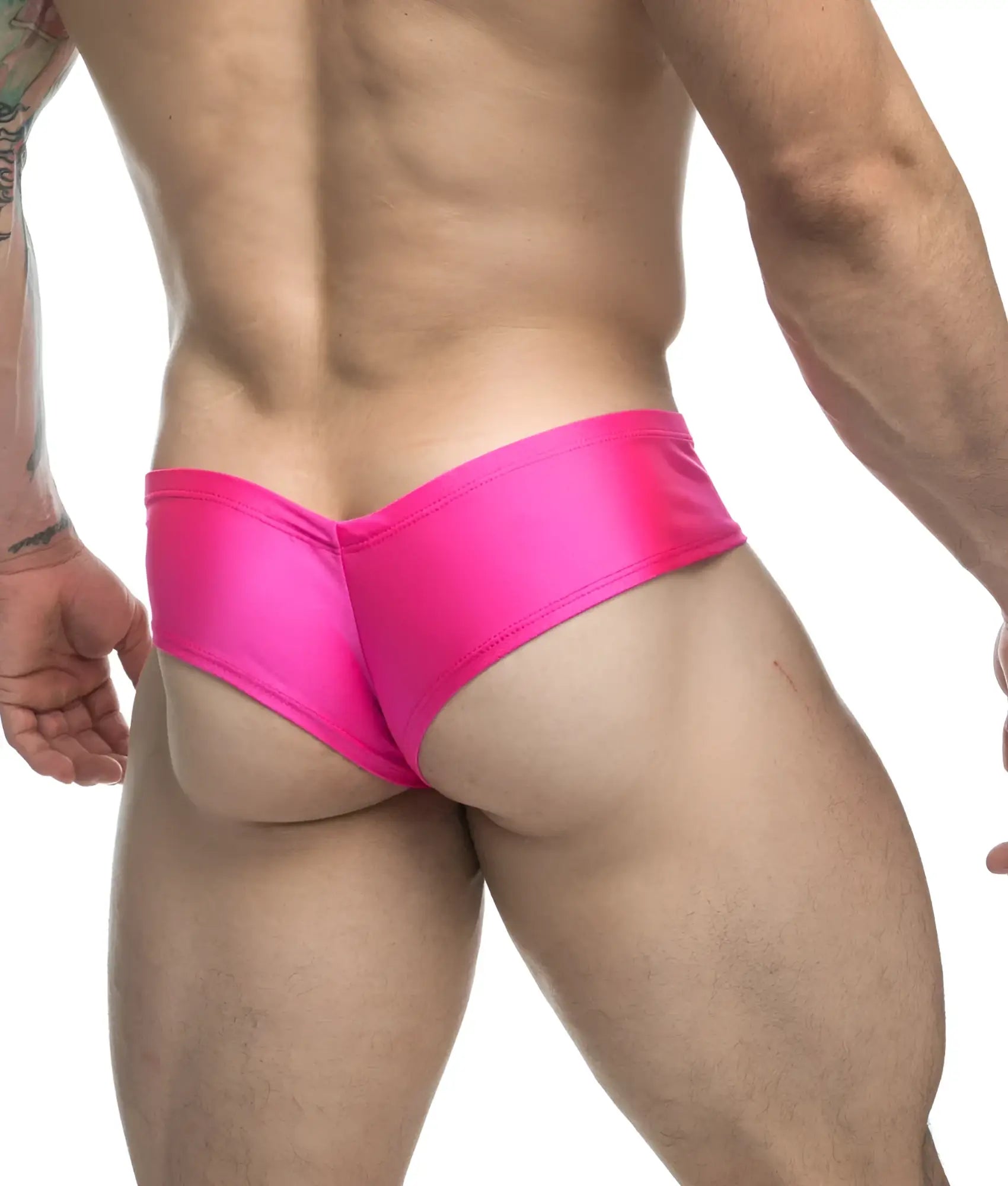 Vibrant pink satin briefs with a sleek form-fitting design from Justin plus Simon Cheek collection