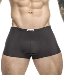 Black justin + simon classic boxer men’s briefs with sleek smooth fabric and subtle waistband label front view