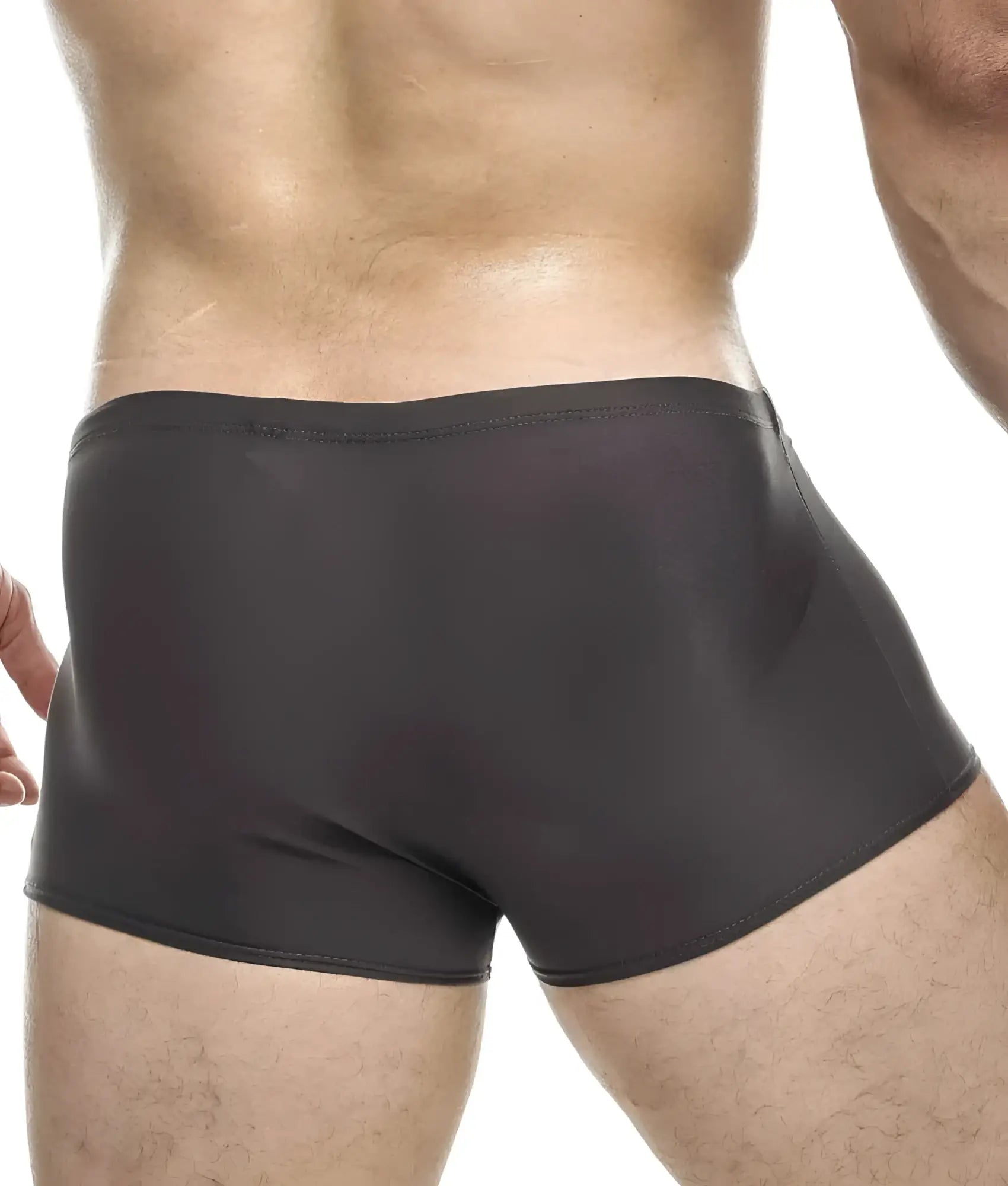 Black form-fitting swim trunks with a smooth glossy finish from justin simon classic boxer collection
