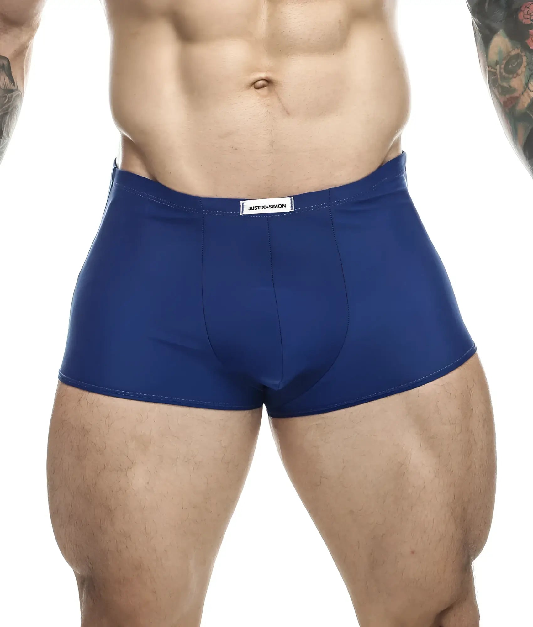 Blue men’s briefs with a white label at the waistband from justin + simon classic boxer collection
