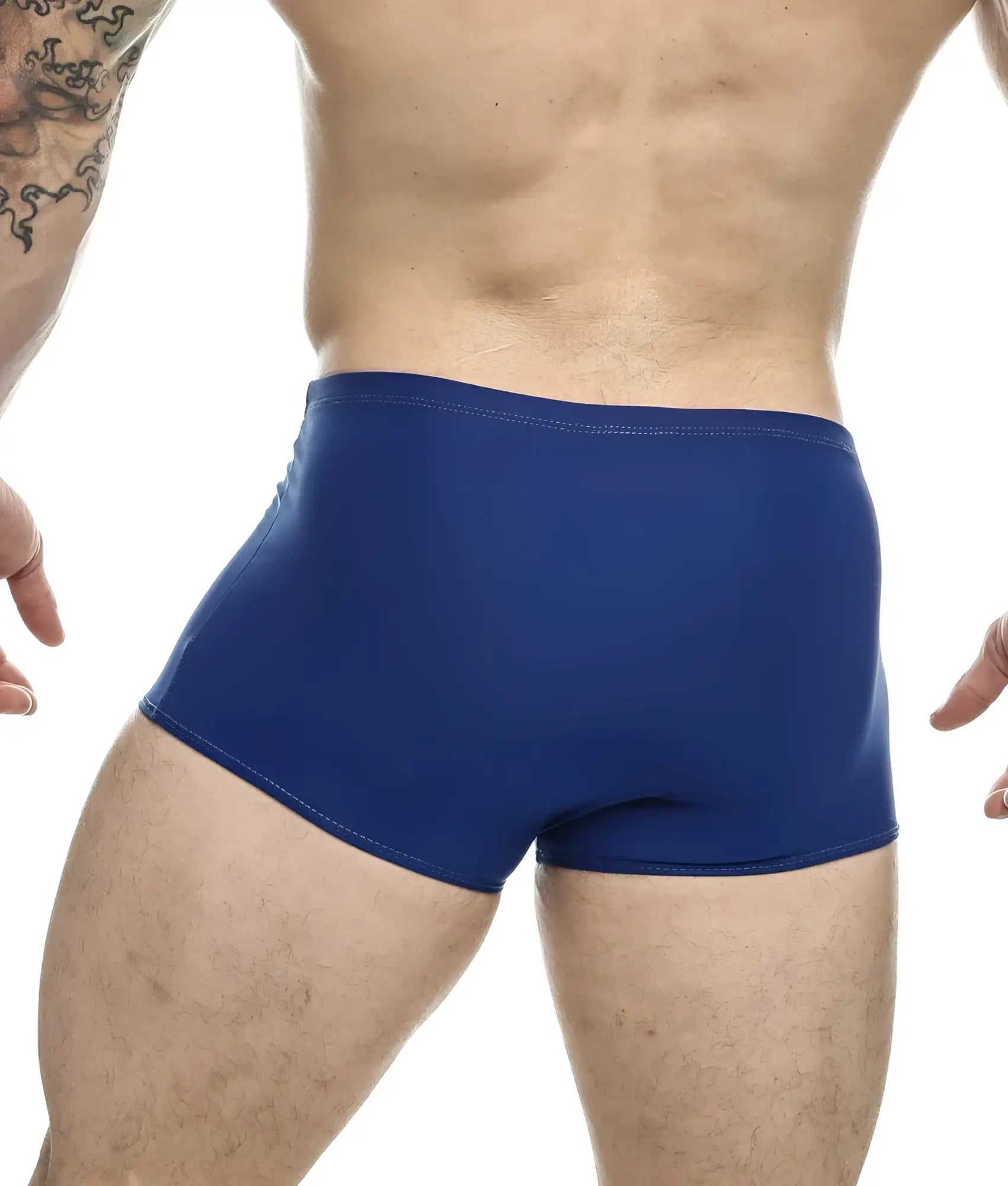 Justin + Simon classic boxer royal blue swim trunks with smooth stretchy fabric and clean waistband stitching
