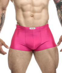 Vibrant pink shiny fabric briefs with justin simon label at waistband from justin and simon classic boxer collection