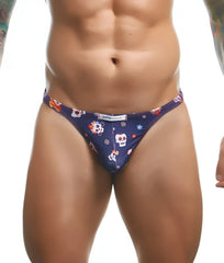 Dark blue thong with colorful sugar skull and floral patterns and white Justin plus Simon brand label at waistband
